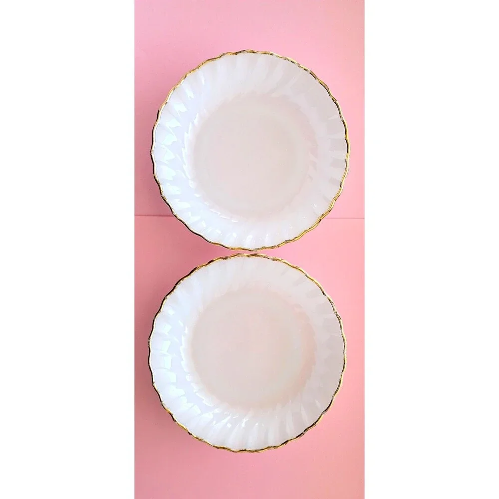 2 Anchor Hocking Fire King Milk Glass Swirl Bread Plates Gold Rim White 7 in.